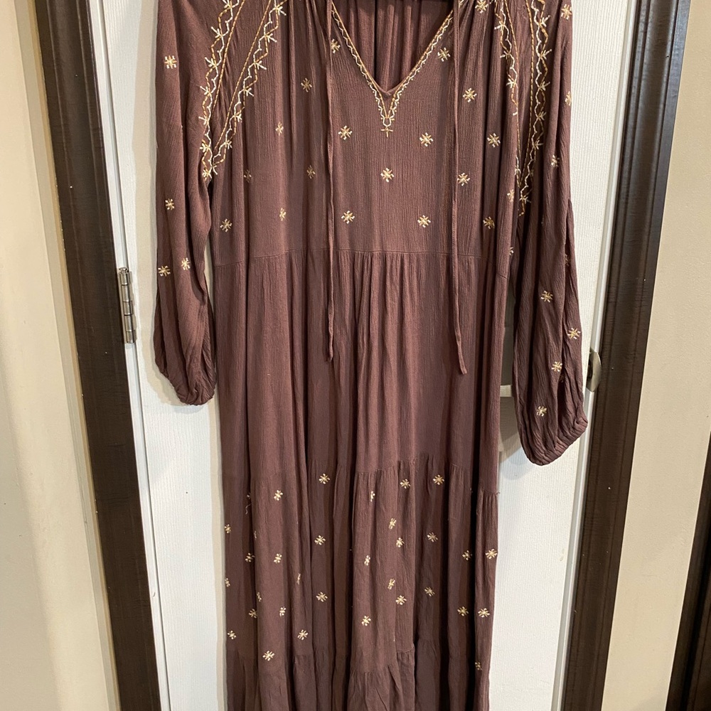 In Bloom Brown Long Sleeve Dress with Embroidery